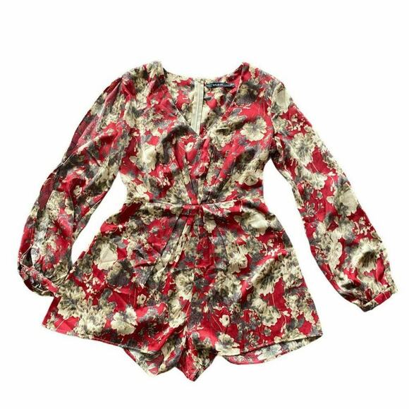 Ark & Co Dresses & Skirts - Ark & Co ivory Burgundy Floral Jumpsuit Long Sleeve Wrap Front Size Mediun boho